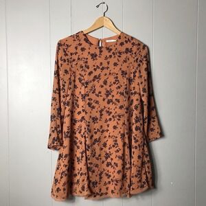 KIMCHI BLUE RUSTIC ORANGE FLORAL PATTERN SHEER LINED TUNIC DRESS WOMENS SMALL